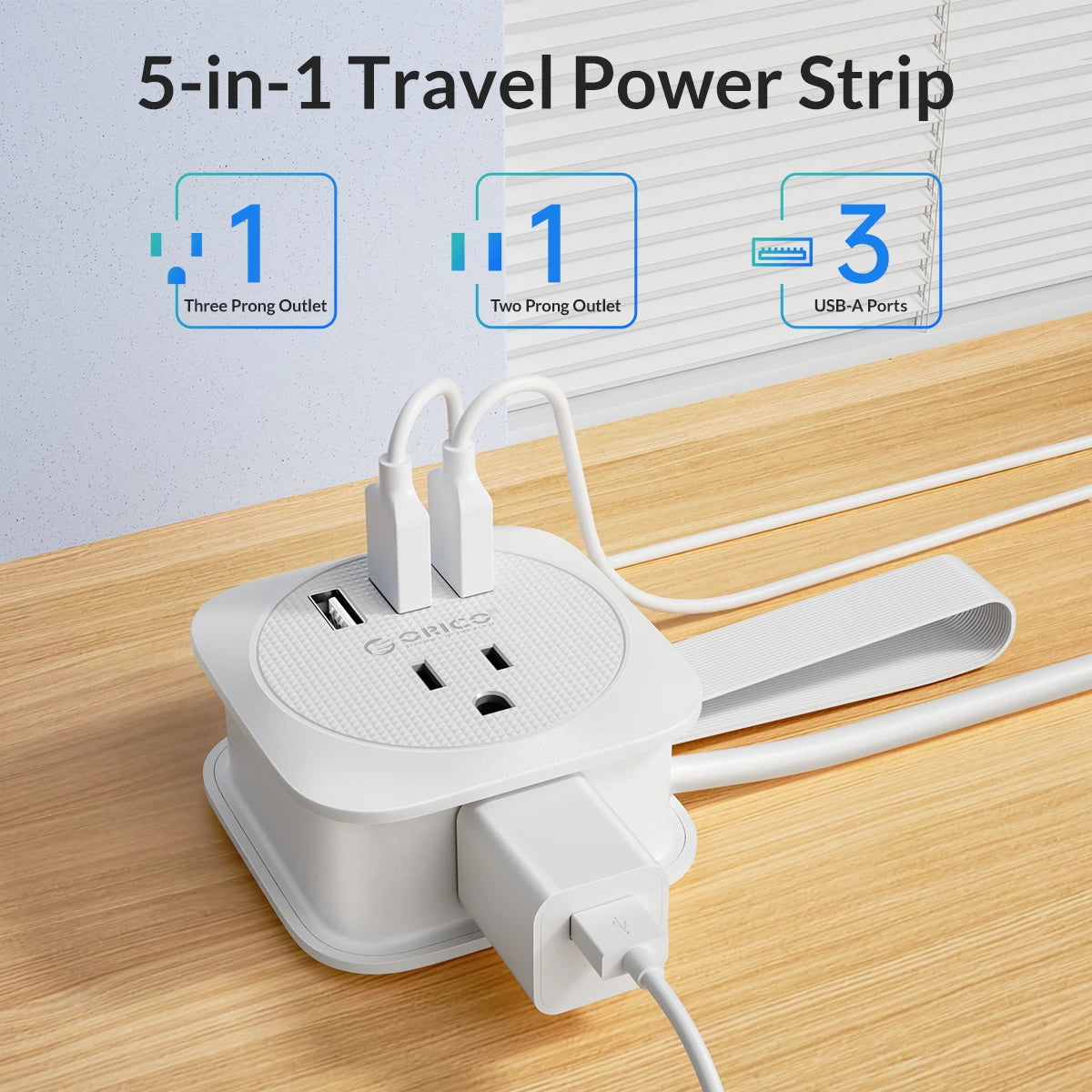 1-ORICO Power Strip 2AC multi USB Portable Socket Strip US plug Travel Extension Cord for fast charging with Type-C USB ports