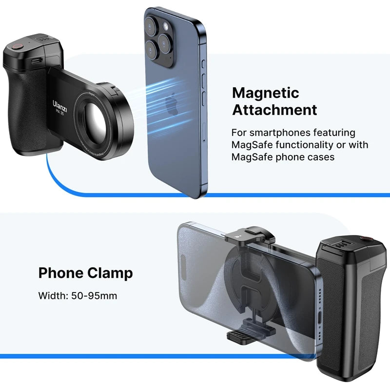 Ulanzi MA35 Selfie HandGrip Booster Bluetooth Shutter for iPhone 16 15 Android phone Photo Stabilizer Cold Shoe 1/4" Screw Mount