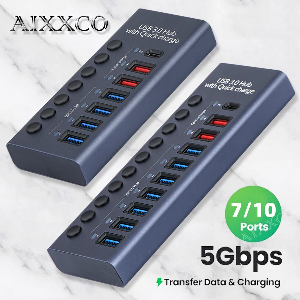 4-AIXXCO 10 Ports USB3.0 Splitter Computer Extender USB HUB 2.4A Fast Charging PD Port External 12V Power Supply