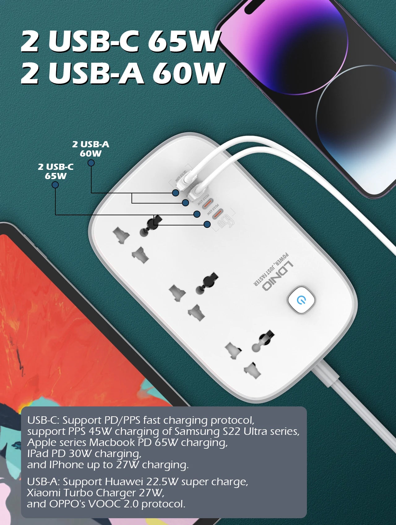 1-LDNIO 65W Power Strip with 3 Universal Outlets 4 USB Port Socket Power Socket with 2M Bold Extension Cord Surge Protector SC3416