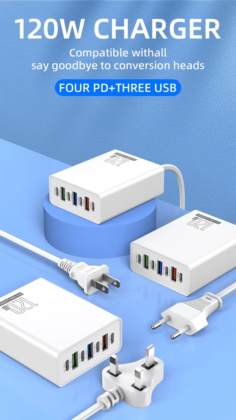 4-Xiaomi 120W Desktop Phone Charger Adapter Power Multiports USB Type-C Fast Charging EU/US/UK Plug For iPhone Xiaomi Huawei