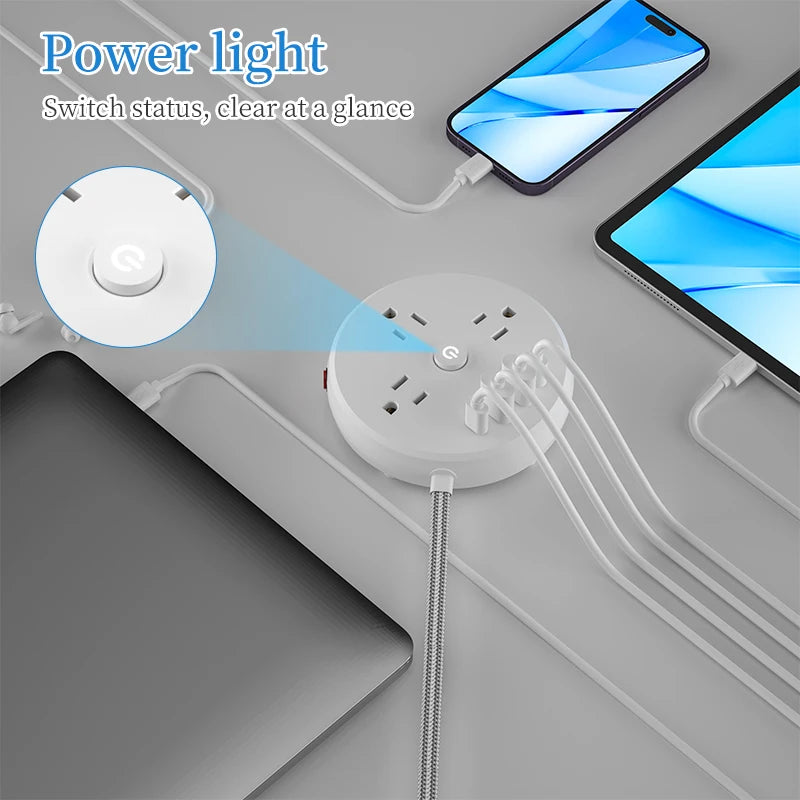 1-1 round desktop power socket with flat braided wire of 1.45m /4.75ft, 7-in-1 multifunctional design, including anti-surge and an
