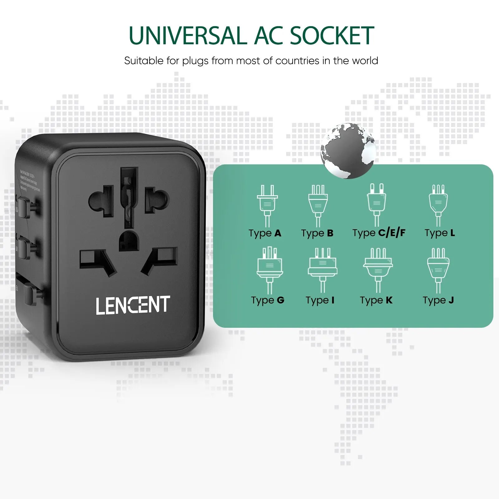 4-LENCENT International Travel Adapter with 2 USB Ports All-in-One Travel Charger Power Adapter EU/UK/USA/AUS Plug for Travel