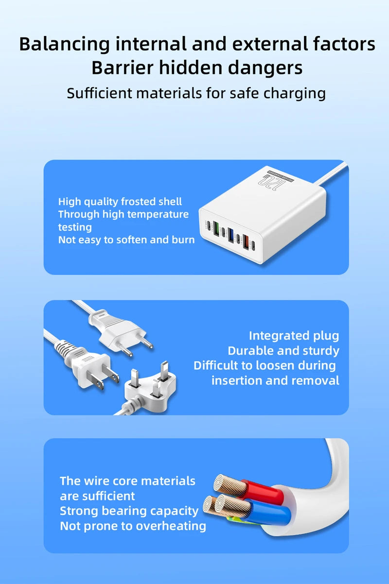 4-Xiaomi 120W Desktop Phone Charger Adapter Power Multiports USB Type-C Fast Charging EU/US/UK Plug For iPhone Xiaomi Huawei