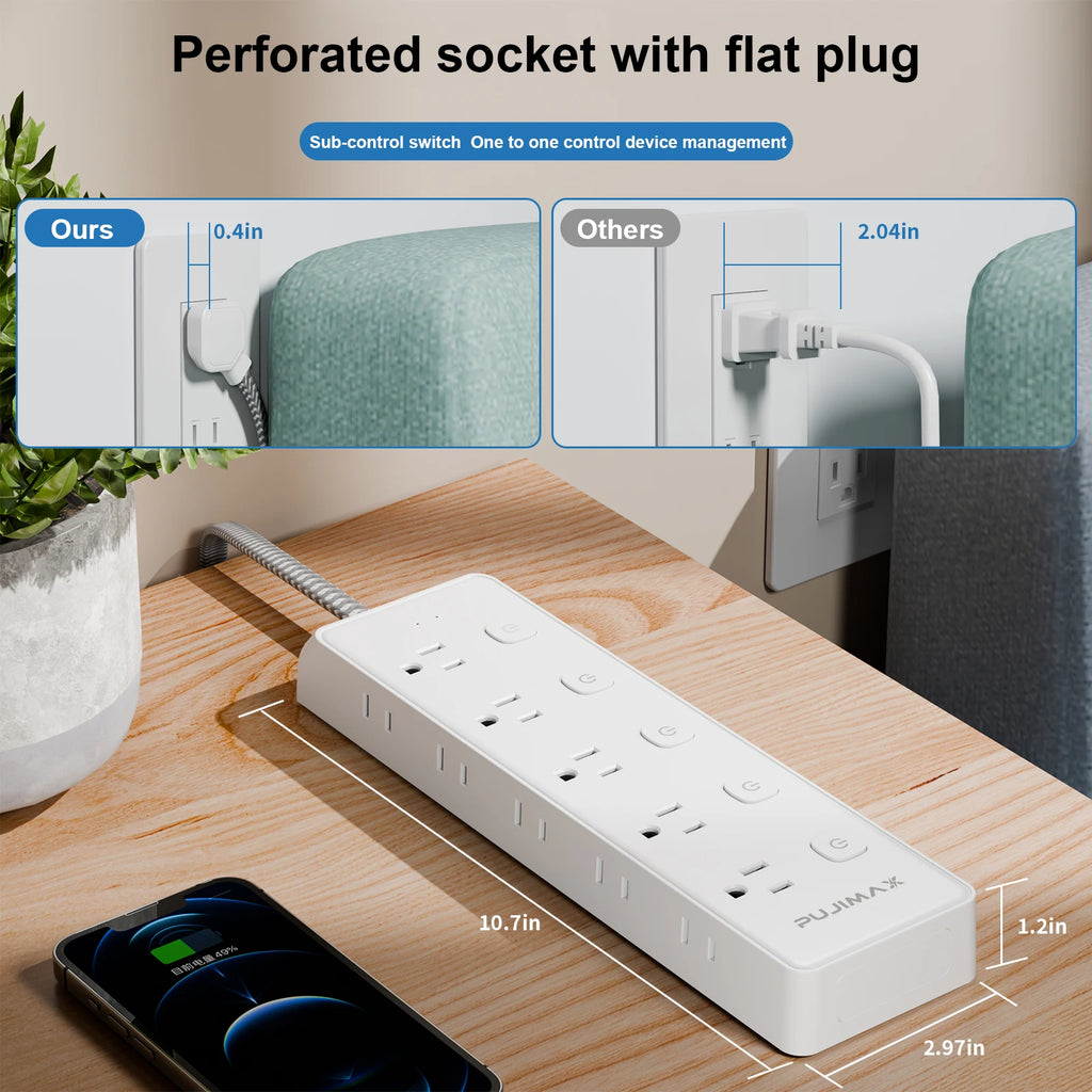 ﻿ ﻿1- ﻿ PUJIMAX Power Strip With 10 Outlets 1.5M Braided Cable Surge Protector Multi Socket Extender with Switch For Home Office
