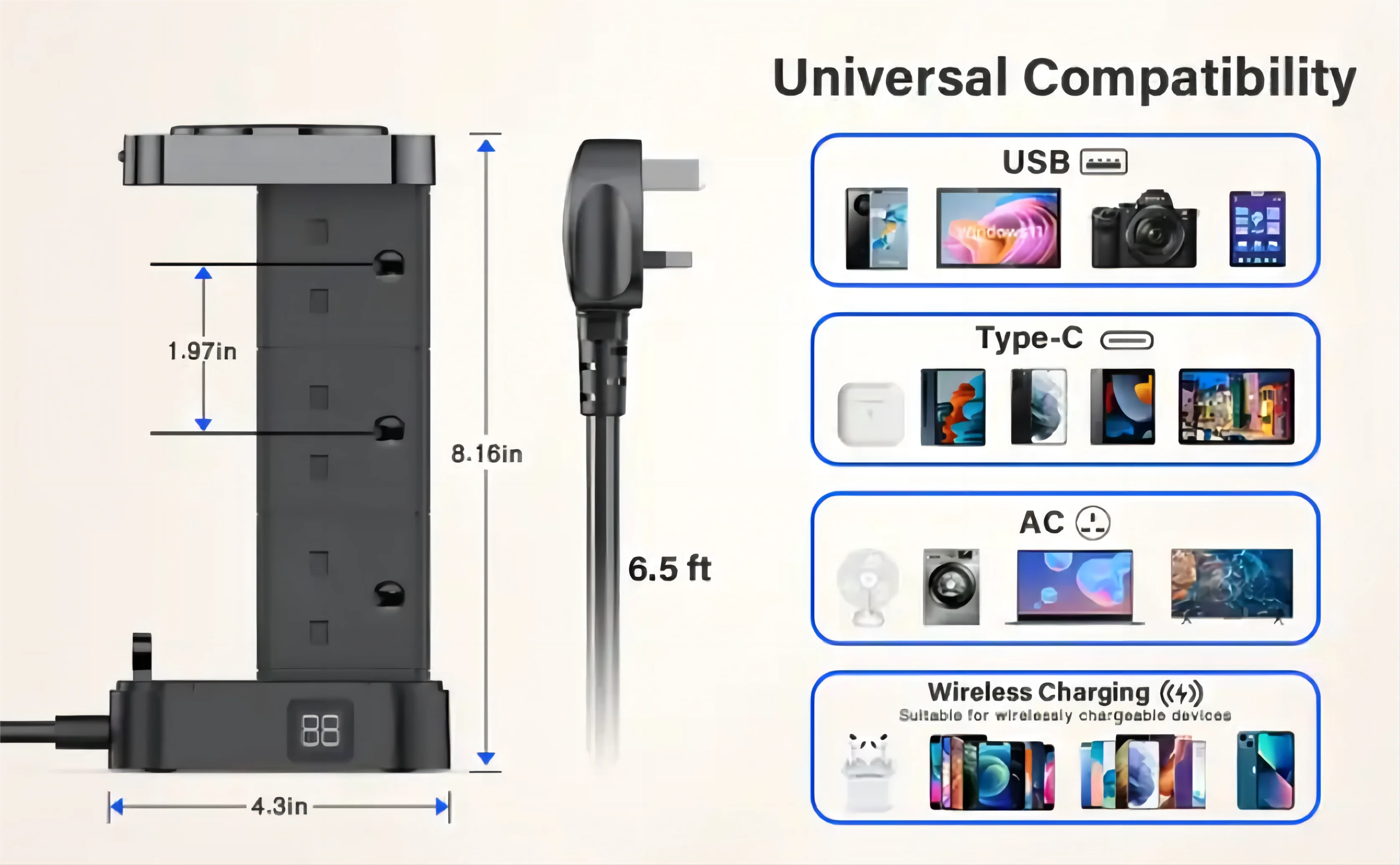 1-LDNIO Tower Power Strip with 6 Outlets +4 USB Ports + WIRELESS CHARGER 2M Power Cord, UK Plug Vertical Electric Socket for Home