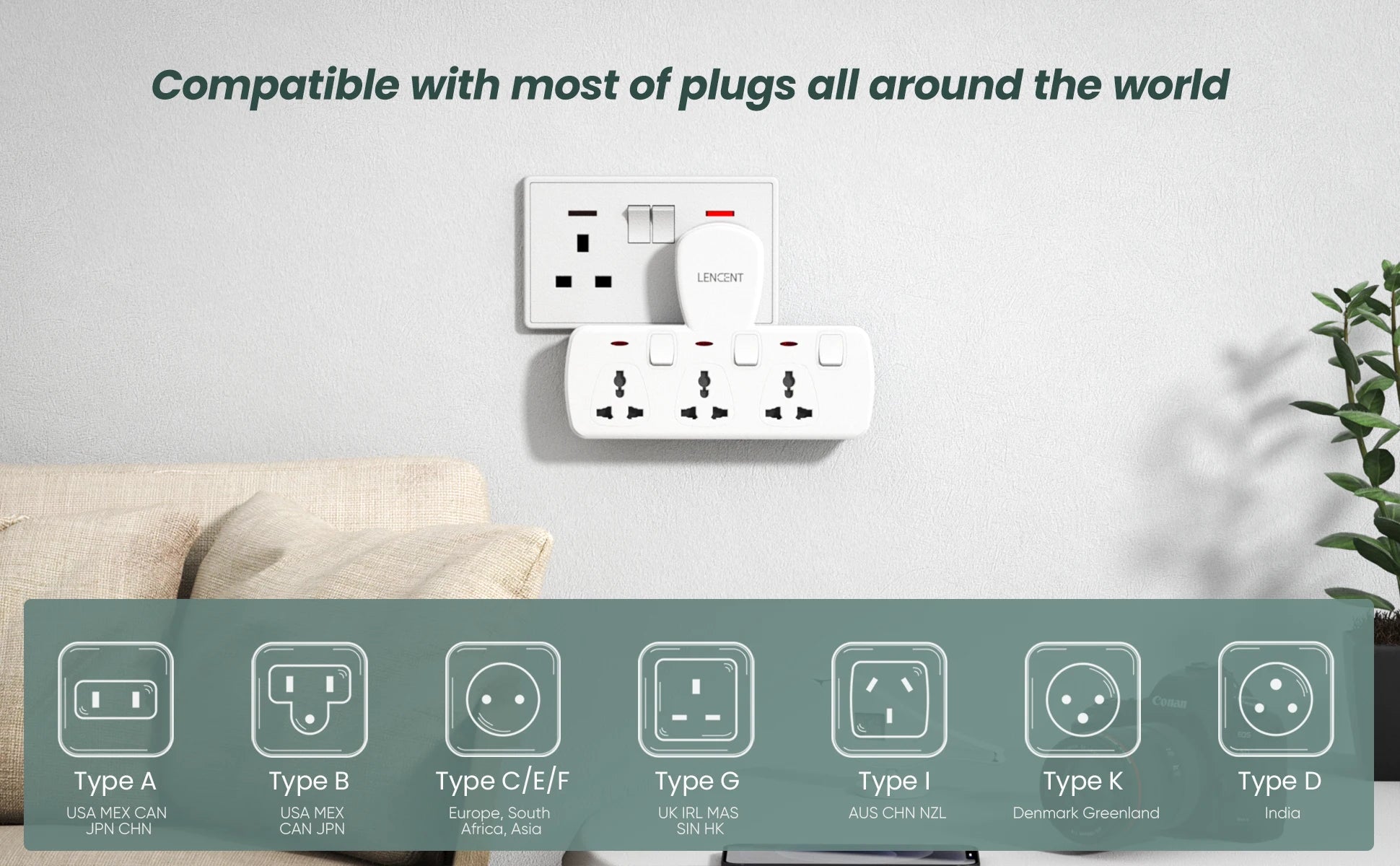 LENCENT multi plug extension socket with  universal AC outlets and individual
switches, white