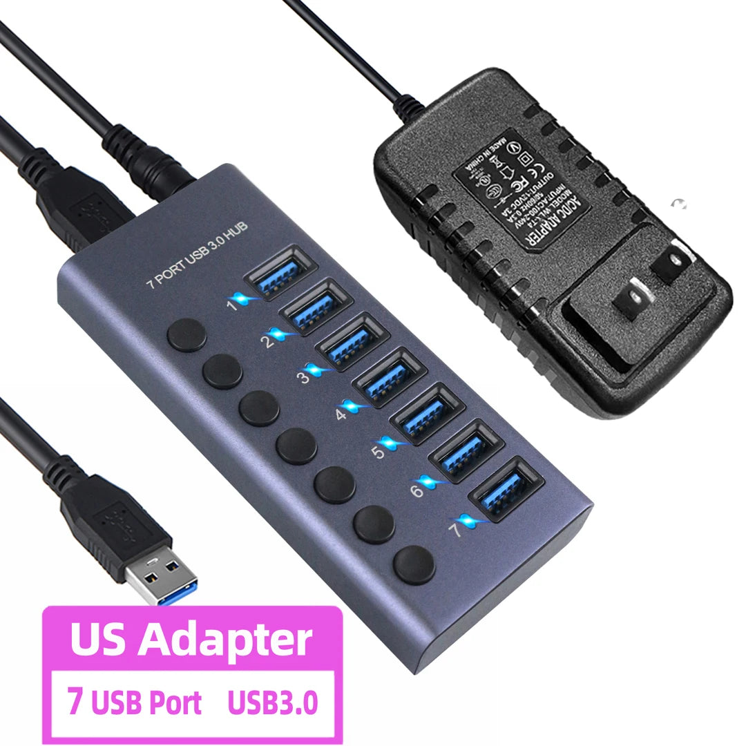 4-AIXXCO 10 Ports USB3.0 Splitter Computer Extender USB HUB 2.4A Fast Charging PD Port External 12V Power Supply
