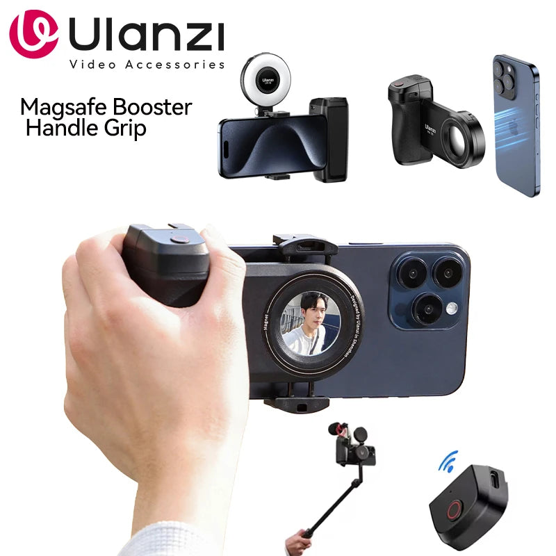 Ulanzi MA35 Selfie HandGrip Booster Bluetooth Shutter for iPhone 16 15 Android phone Photo Stabilizer Cold Shoe 1/4" Screw Mount