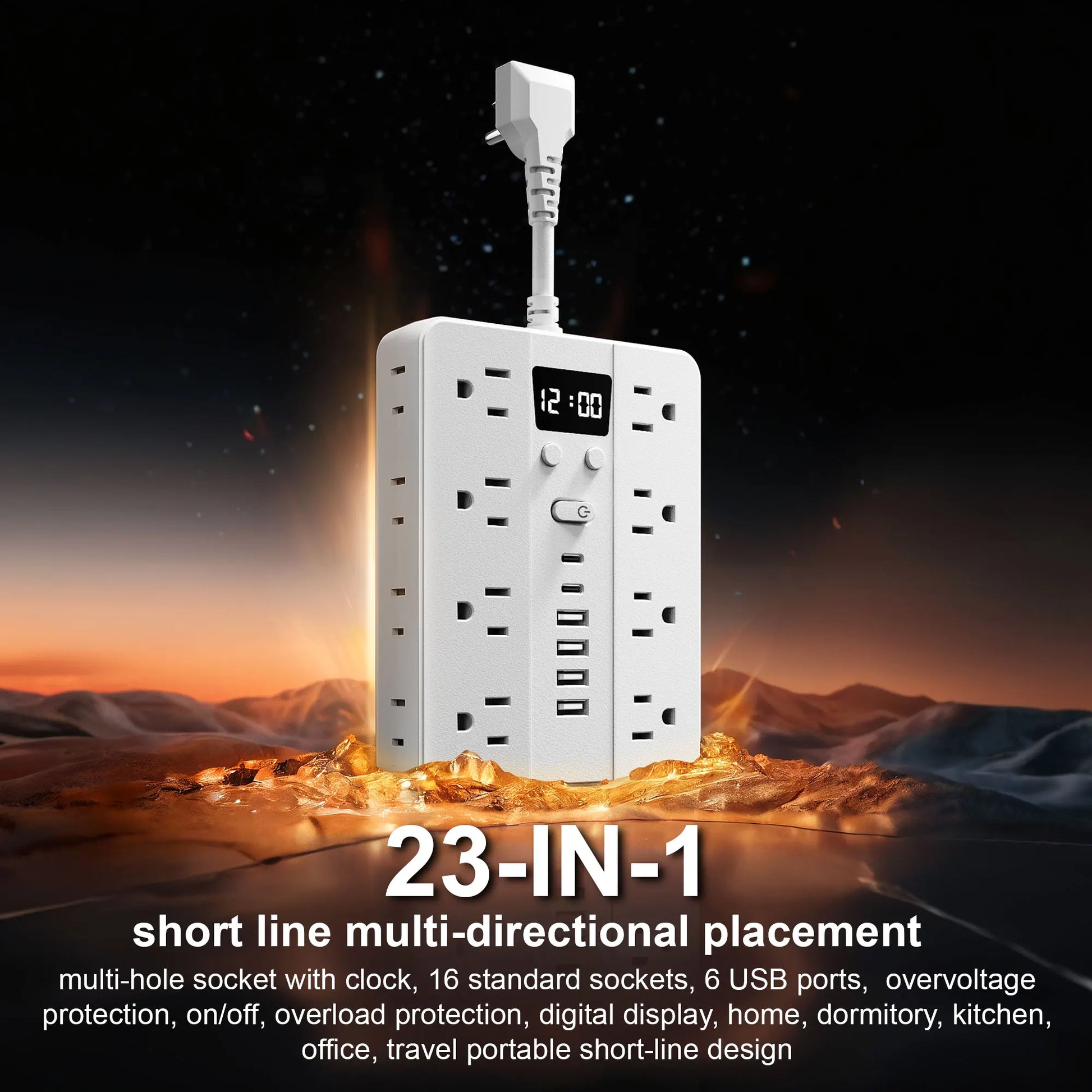 23-in-1 power strip plug line multi-directional placement, multi-hole socket with clock, 16 standard sockets, 6 USB ports,