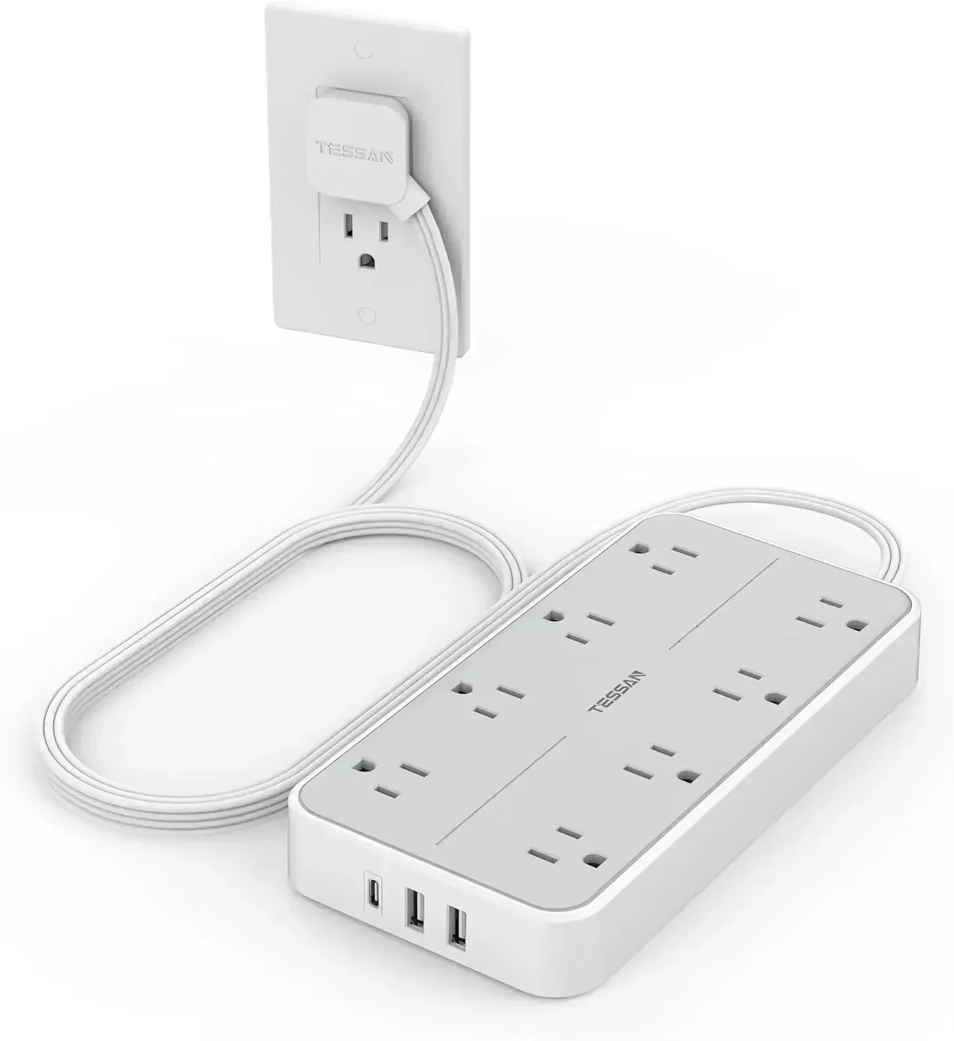 1-TESSAN Electrical Extension Flat Plug Type C Multi-Plug Strap Multi-Plug Connector with 8 AC Outlets and 3 USB Ports (1 Type C)