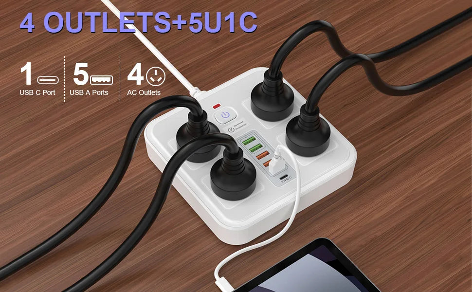AU Plug Power Board:  AC Outlets,  USB-A,  USB-C, Overload Protection