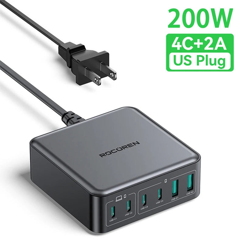1-Rocoren 200W GaN Charger 6-ports Desktop Fast Charging USB Type C Charger Portable Power Station For iPhone 16 Pro Max Xiaomi 14