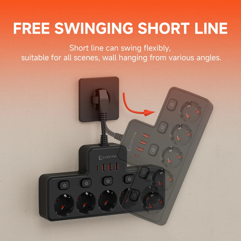 2500W EU wall-mounted power strip with independent switches and USB-C ports