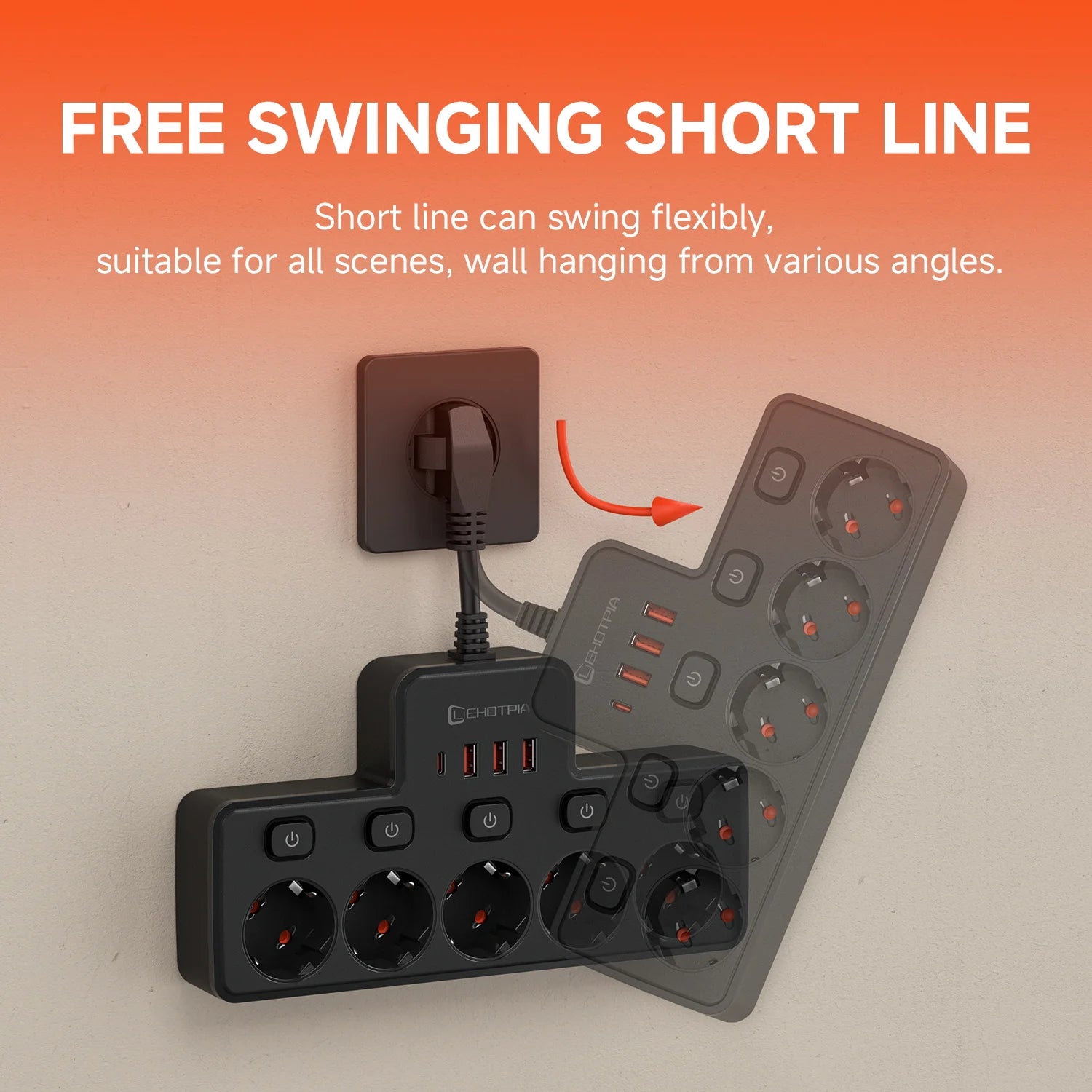 2500W EU wall-mounted power strip with independent switches and USB-C ports