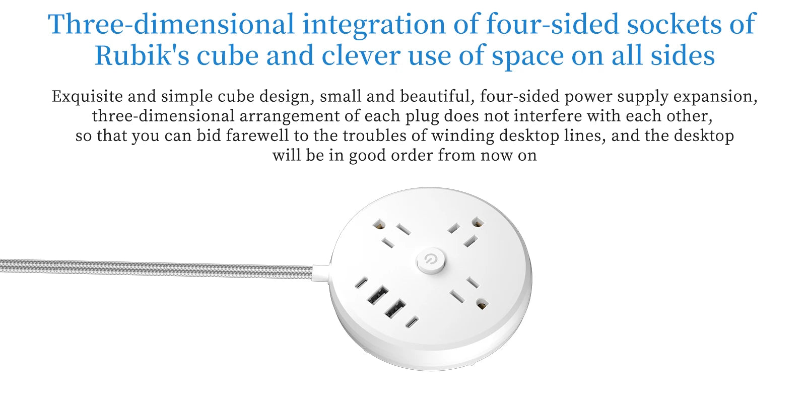 1-1 round desktop power socket with flat braided wire of 1.45m /4.75ft, 7-in-1 multifunctional design, including anti-surge and an