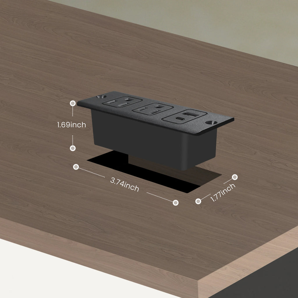 Black power strip with measurements on a wooden surface