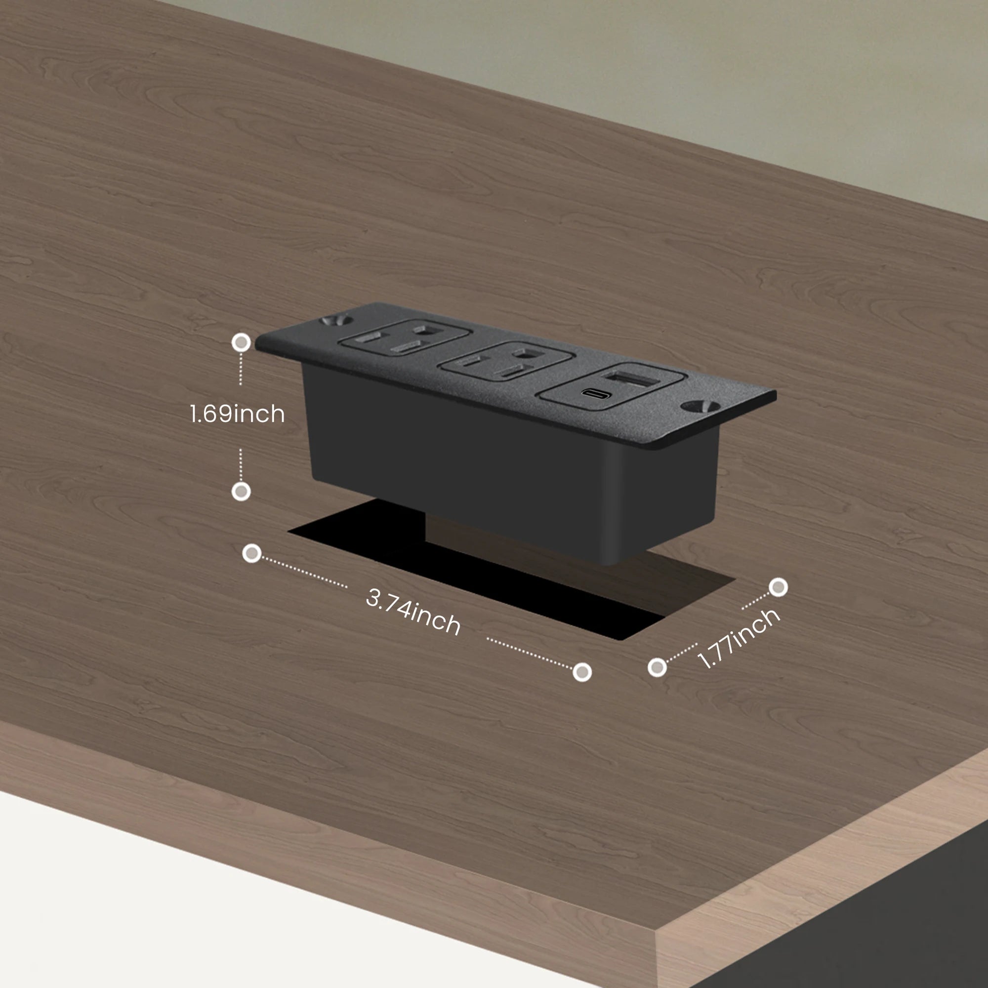 Black power strip with measurements on a wooden surface
