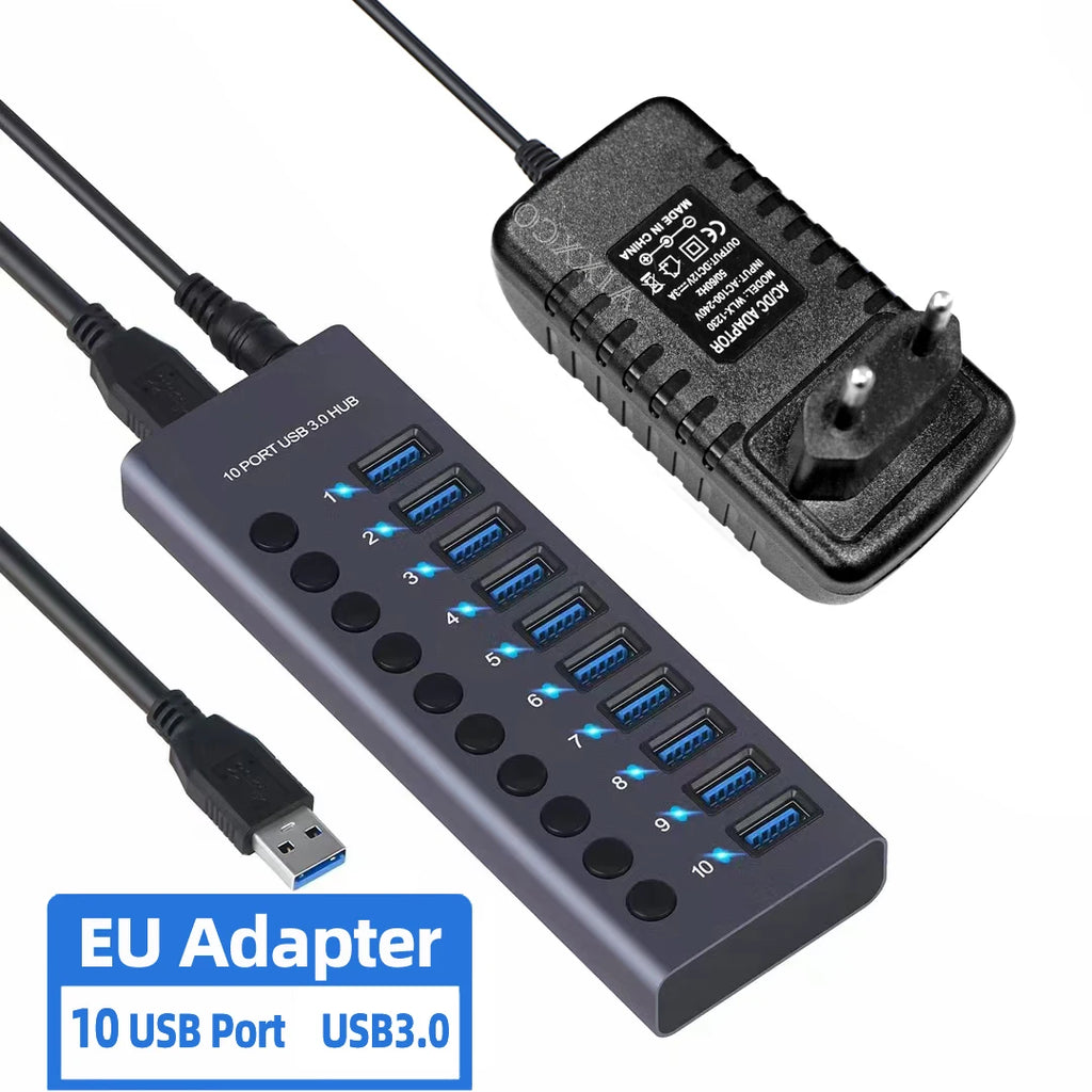 4-AIXXCO 10 Ports USB3.0 Splitter Computer Extender USB HUB 2.4A Fast Charging PD Port External 12V Power Supply