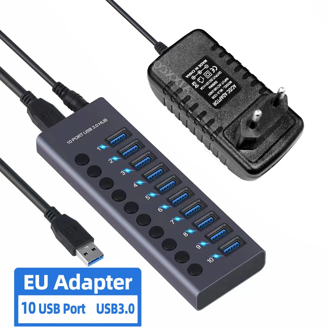 4-AIXXCO 10 Ports USB3.0 Splitter Computer Extender USB HUB 2.4A Fast Charging PD Port External 12V Power Supply