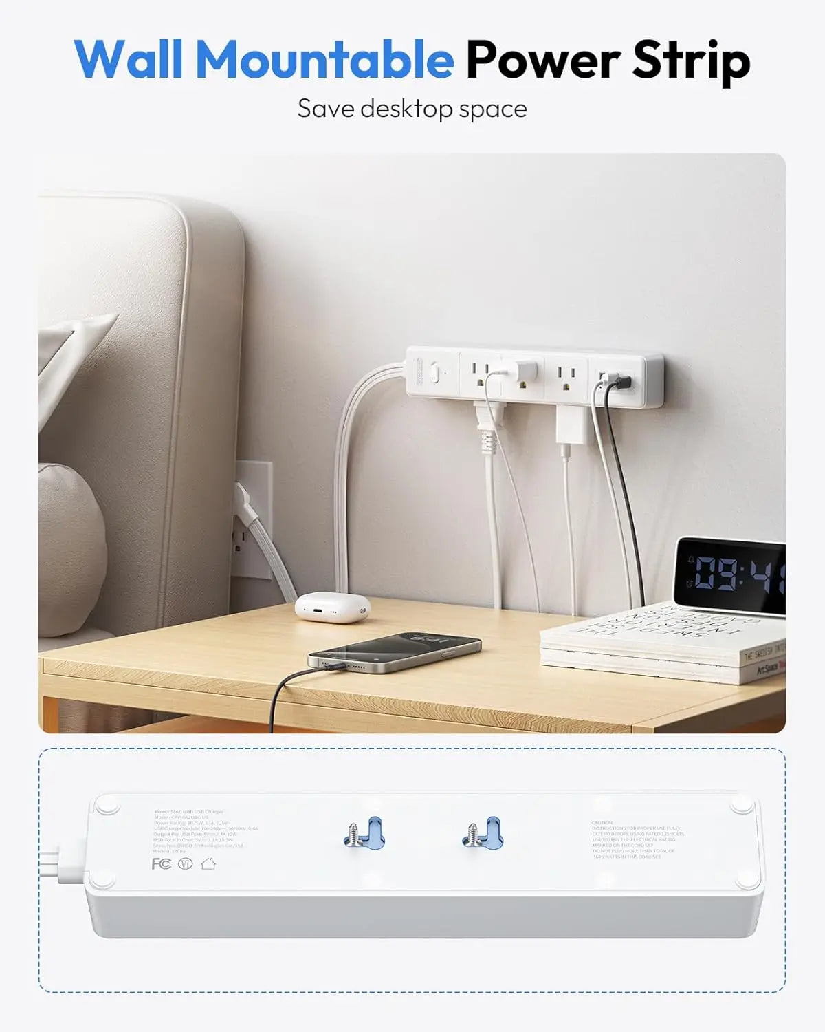6 AC Outlet Power Strip with 3 USB Ports (1 USB-C) & 25FT Extension Power Cord Surge Protector & Network Filter US Plug