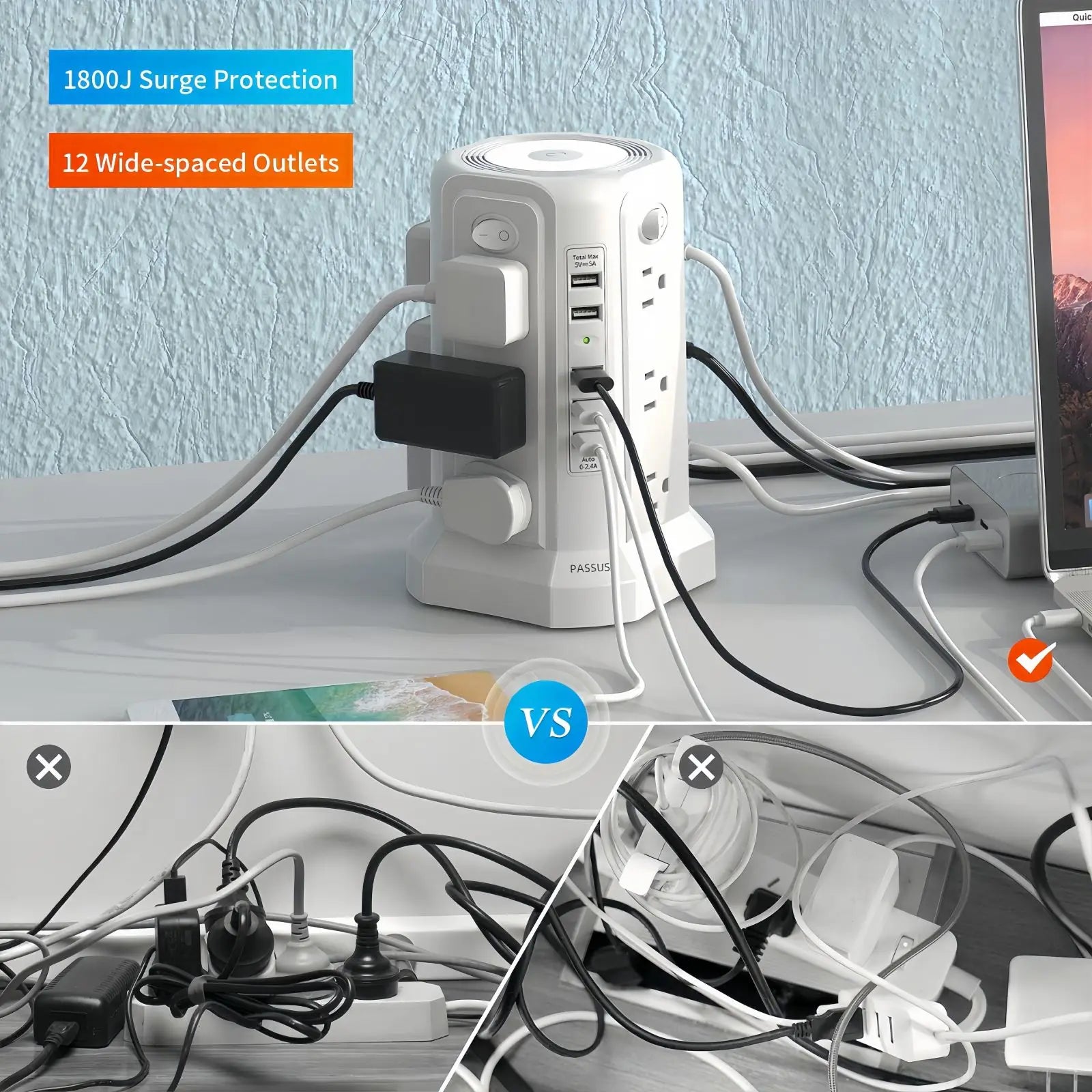 Passsus Power Tower Surge Protector with USB Night with 5 USB, 3M extension cable with 12 AC, suitable for office and home