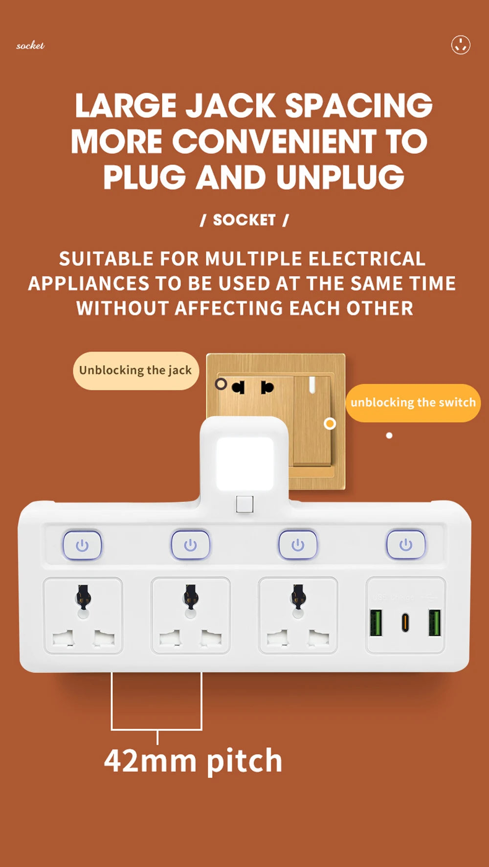 1-EU UK Plug Universal Outlet Power Strip Multitap AC Separate Control Wall Socket With USB Fast Charge Multiprise Plug Adapter