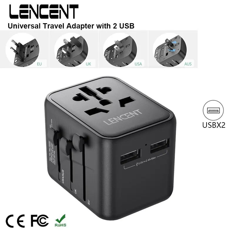4-LENCENT International Travel Adapter with 2 USB Ports All-in-One Travel Charger Power Adapter EU/UK/USA/AUS Plug for Travel