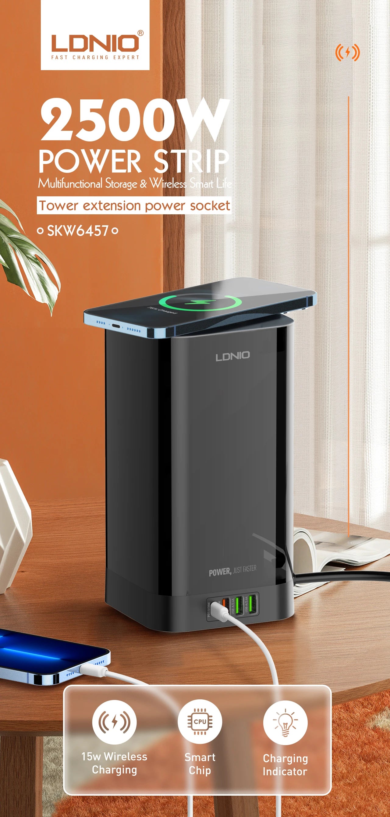 1-LDNIO Tower Power Strip with 6 Outlets +4 USB Ports + WIRELESS CHARGER 2M Power Cord, UK Plug Vertical Electric Socket for Home