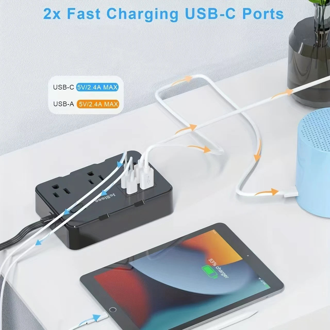 1-Surge Protector with 6 Widely Outlets Extender 4 USB Ports, 5ft Power Strip Ultra Thin Flat Plug, Power Adapter for Home Office