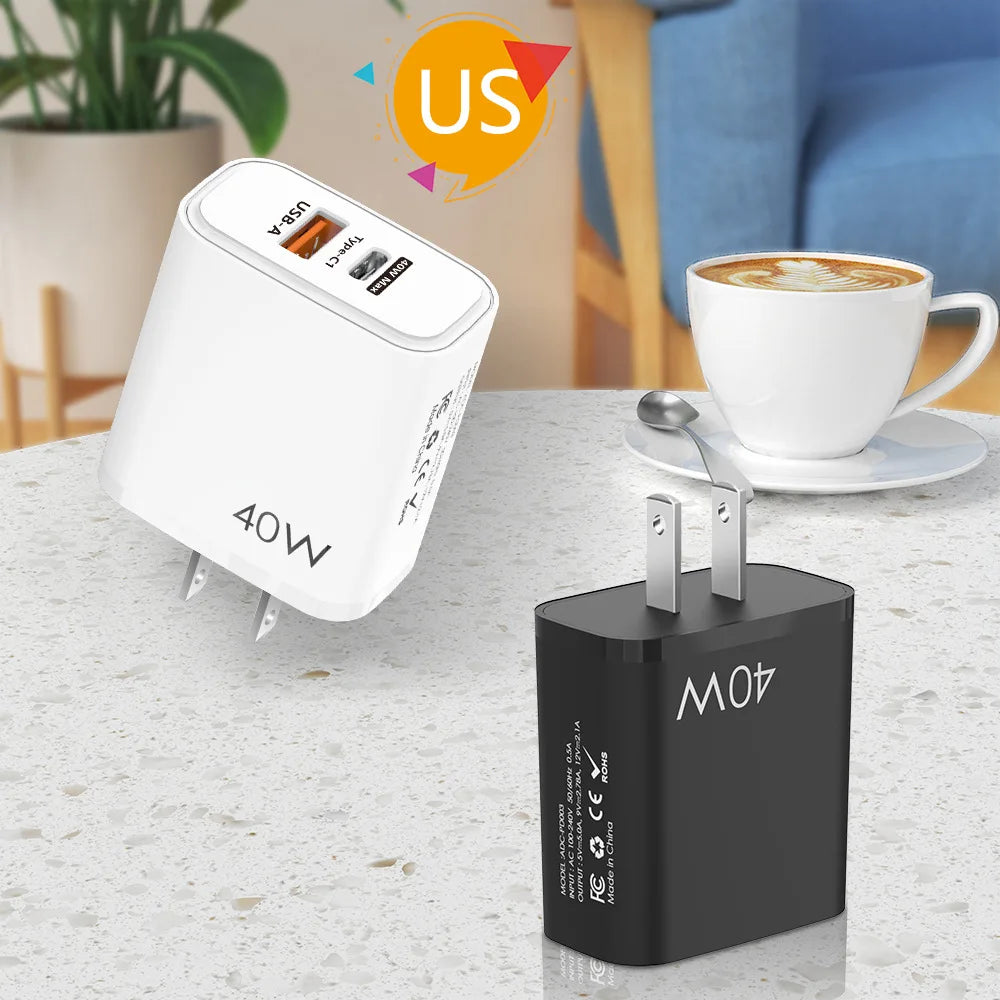 4-Total 40W 1 USB Charger 1 Type C PD Fast Charge For iPhone 12 13 Max Samsung S21 Huawei Xiaomi Mobile Phone EU/US/UK Plug Wall C