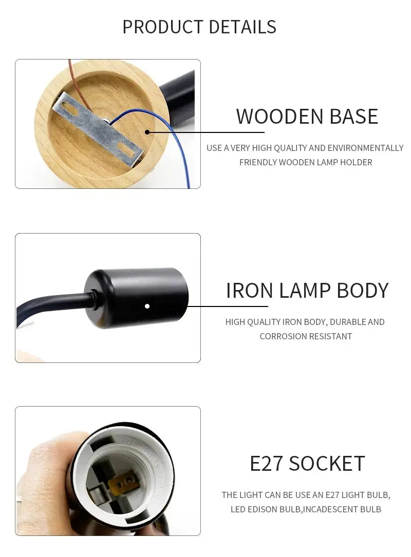 Retro Wood Wall Lamp E27 (Industrial Loft, 85–265 V)