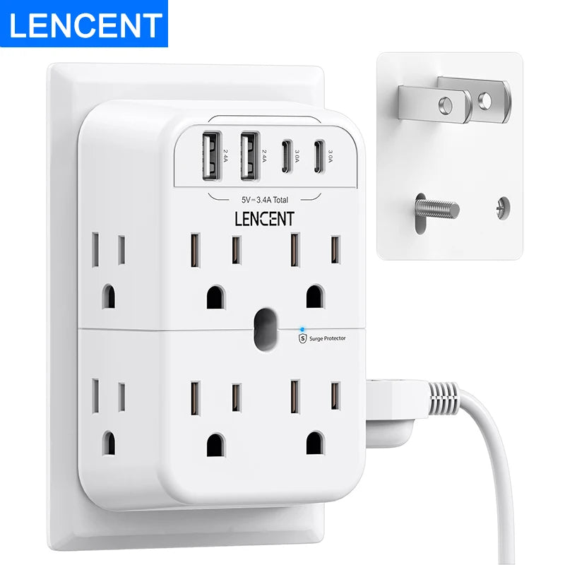 Lencent power strip with multiple outlets and USB ports on a white background