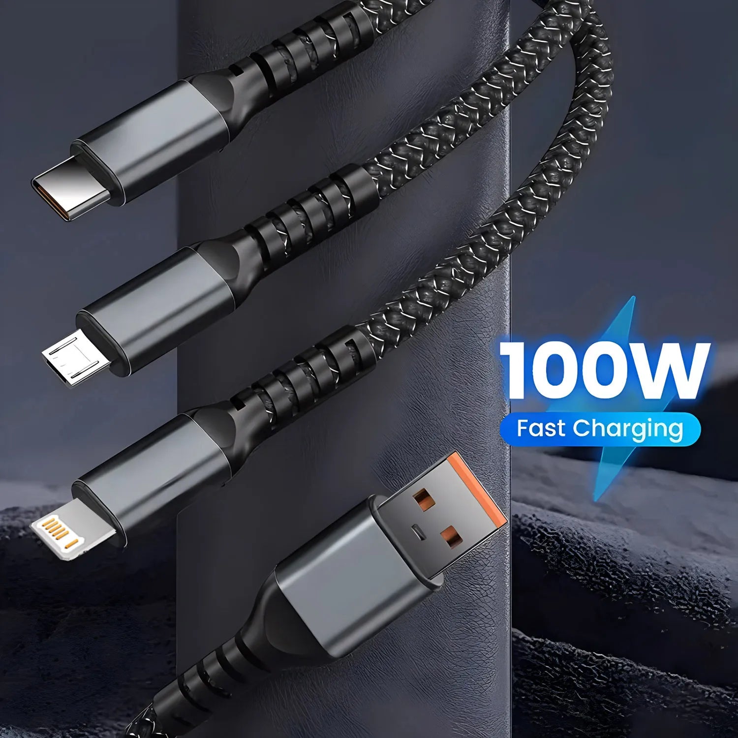 4-3-in-1 Braided Fast Charging Cable – USB-A to Type-C, Lightning & Micro USB (6A)