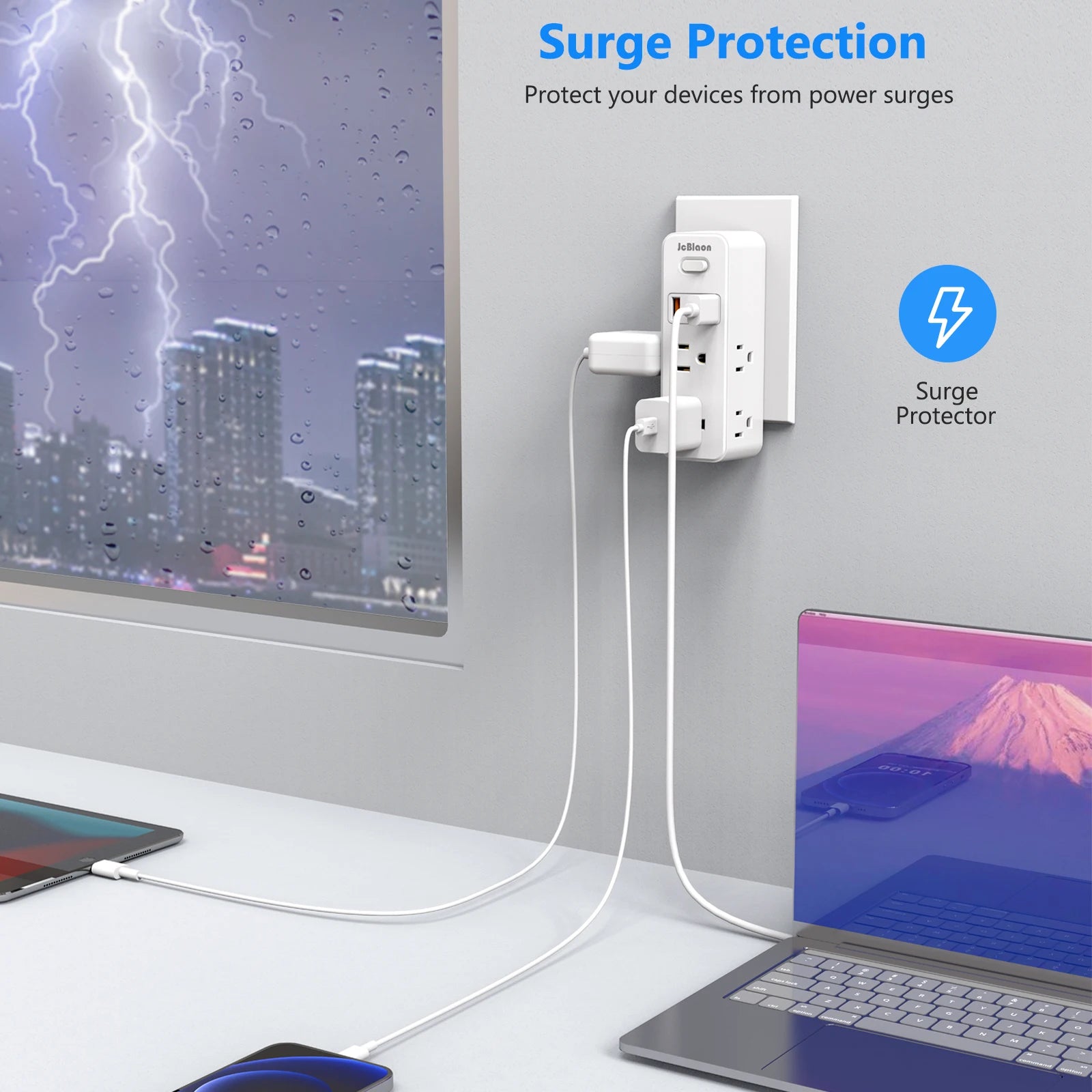 360°Rotating Plug US Power Strip with 6 AC Outlets 3 USB Ports 1 Type-C,Multiple Wall Socket with Switch Network Filter for Home