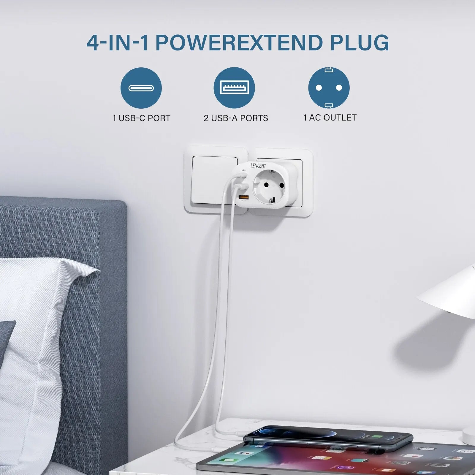 LENCENT EU Plug Wall Socket Extender with 1 AC Outlet 2 USB QC3.0 and 1 Type C PD 20W Multi Socket Fast Charger for Home Travel