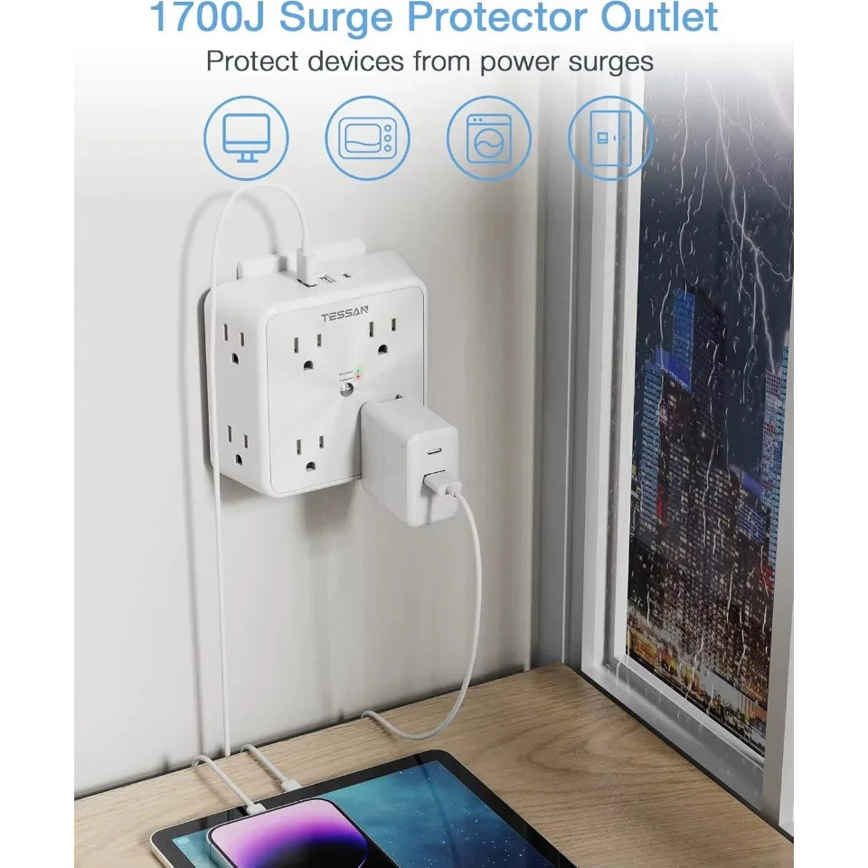 1-TESSAN Surge Protector Wall Strip with 8 AC Outlets 2 USB A and 1 USB C Surge Protector Multi Outlet Extender for Home Office