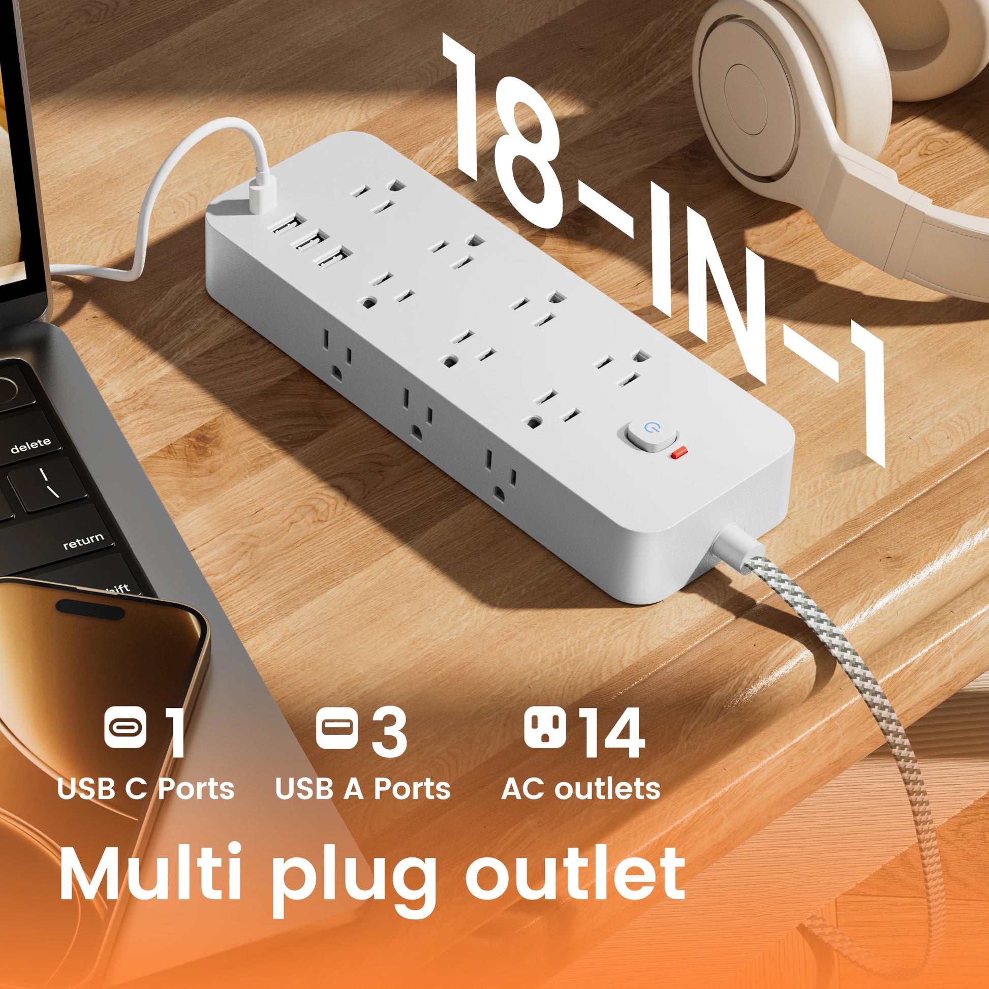 18-in-1 Multitap Power Strip US Plug AC Outlet USB Port Type C 4ft Braided Extension Cord Smart Home Electrical Socket Network