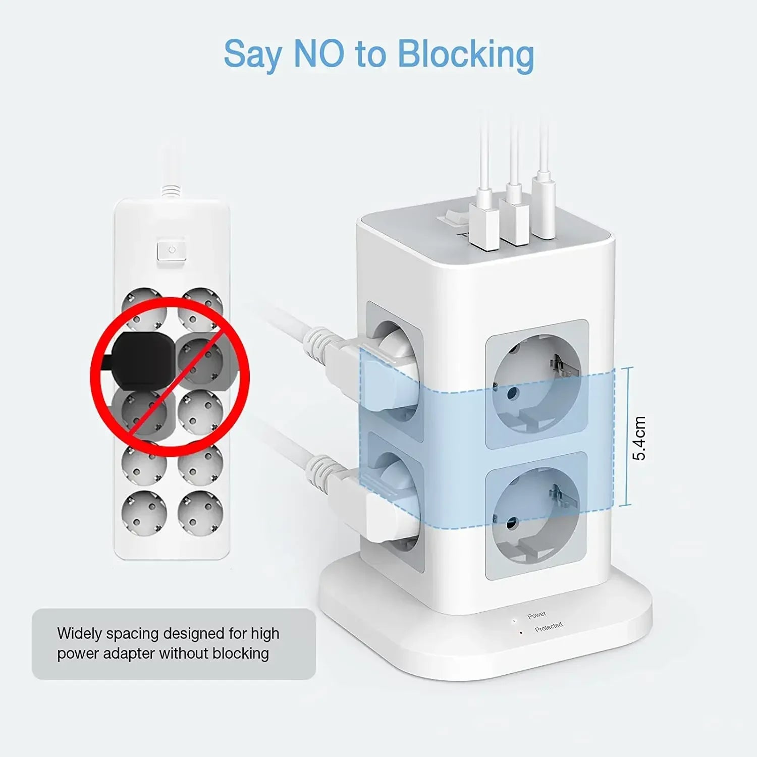 1-TESSAN Tower Power Strip Multi Outlets with USB A +1 Type C 2M Extension Cable EU Plug Vertical Electric Socket Surge Protection
