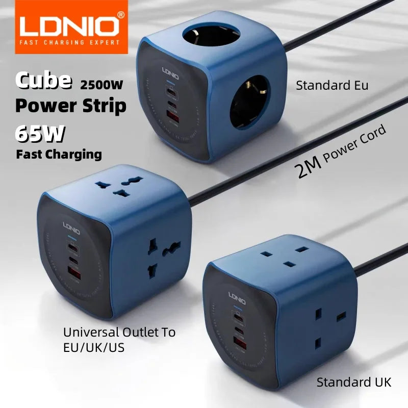 1-LDNIO Cube Power Strip 65W Charging Stations 2M Electric Extension Power Cord Uk Us Eu Plugs Adapter Usb Socket Surge Protector