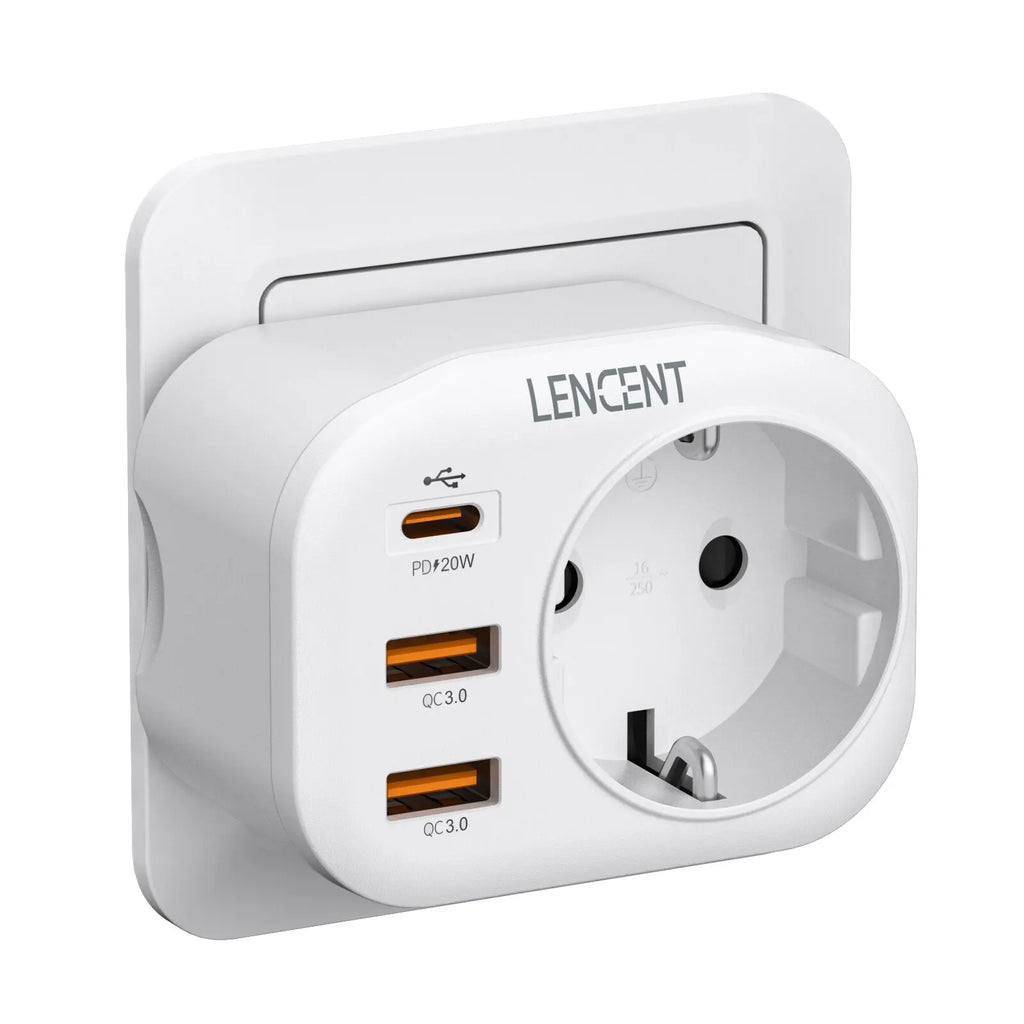 LENCENT EU Plug Wall Socket Extender with 1 AC Outlet 2 USB QC3.0 and 1 Type C PD 20W Multi Socket Fast Charger for Home Travel