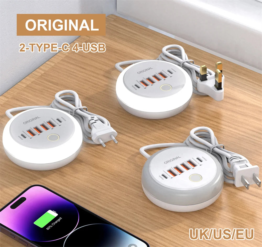 1-PD 50W Charger USB Type C 6 Ports QC3.0 Mobile Phone Wall Adapter With Touch LED Light For iPhone Samsung Xiaomi Travel Charger
