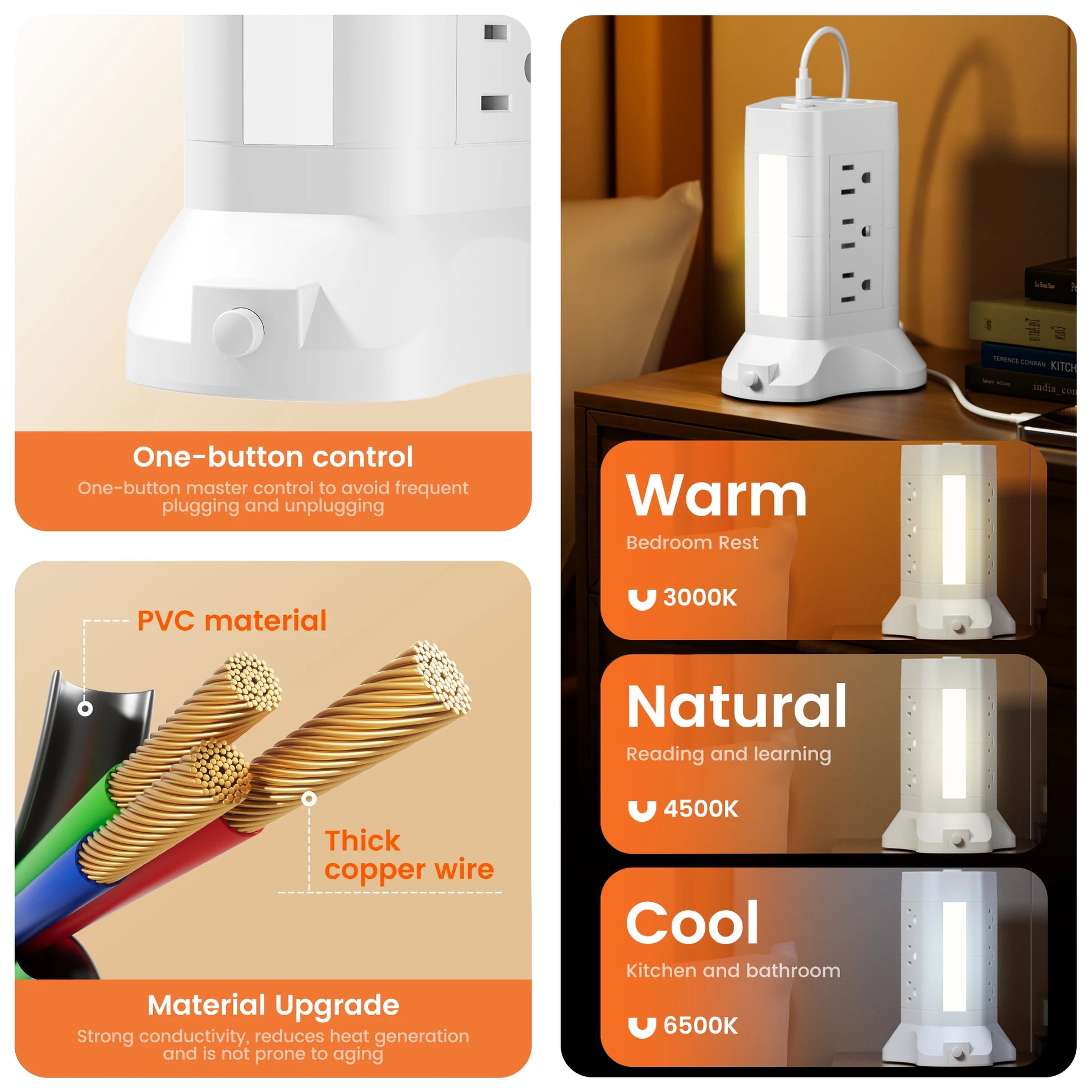10Ft Extension Cord With 13 Outlets Surge Protector Power Strip Tower With 4 USB (3 USB-A & 1 USB-C) 3 Color Temps Night Lights