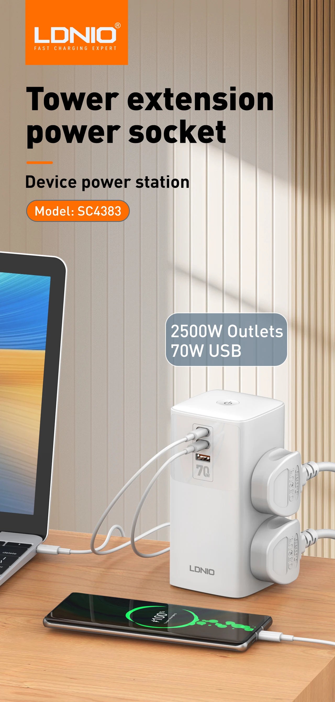 1-Tower 4 Way Outlets Socket 70W USB Multi Power Strip Vertical 2m Extension Power Cord UK EU US AU Plug with Overload Protector