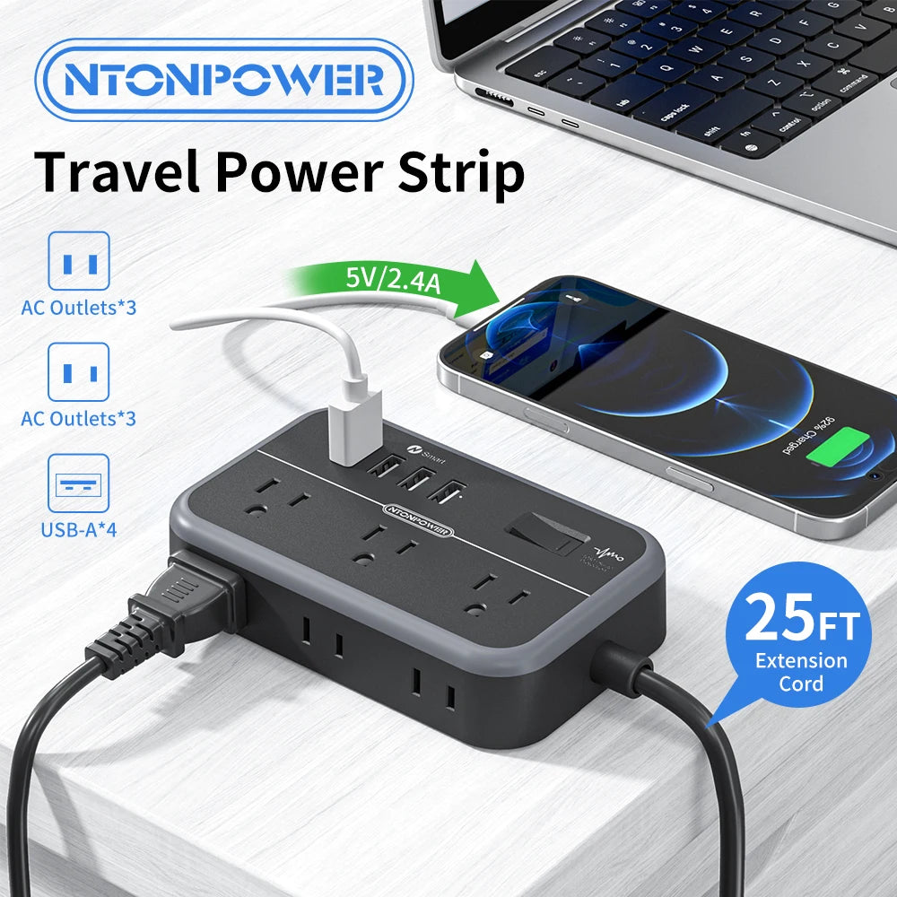 6-Outlet Power Strip with 4 USB Ports 15.5W Fast Charge & 15FT Extension Cord Surge Protector & Network Filter US Plug 100-240V