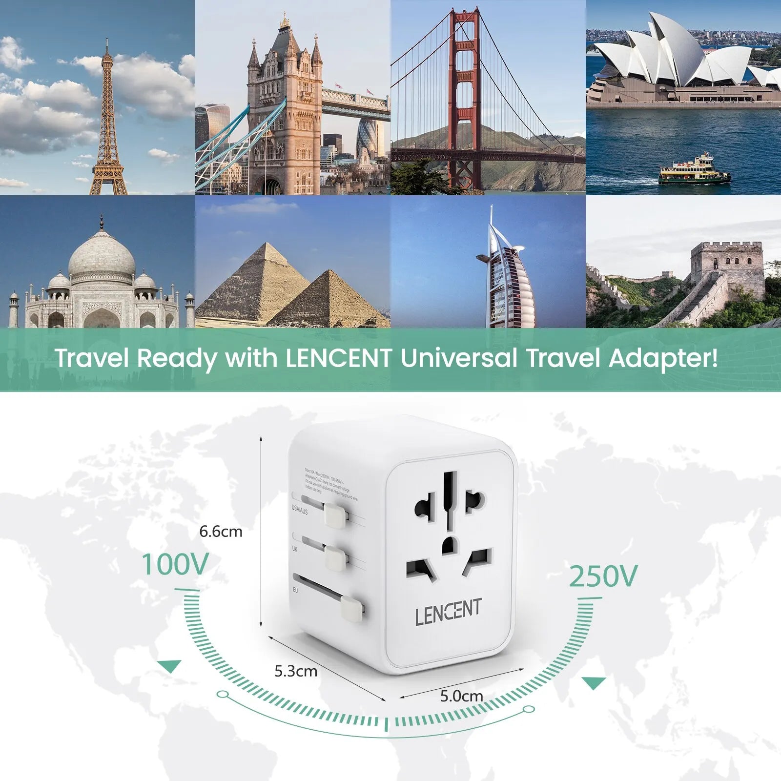 4-LENCENT International Travel Adapter with 2 USB Ports All-in-One Travel Charger Power Adapter EU/UK/USA/AUS Plug for Travel