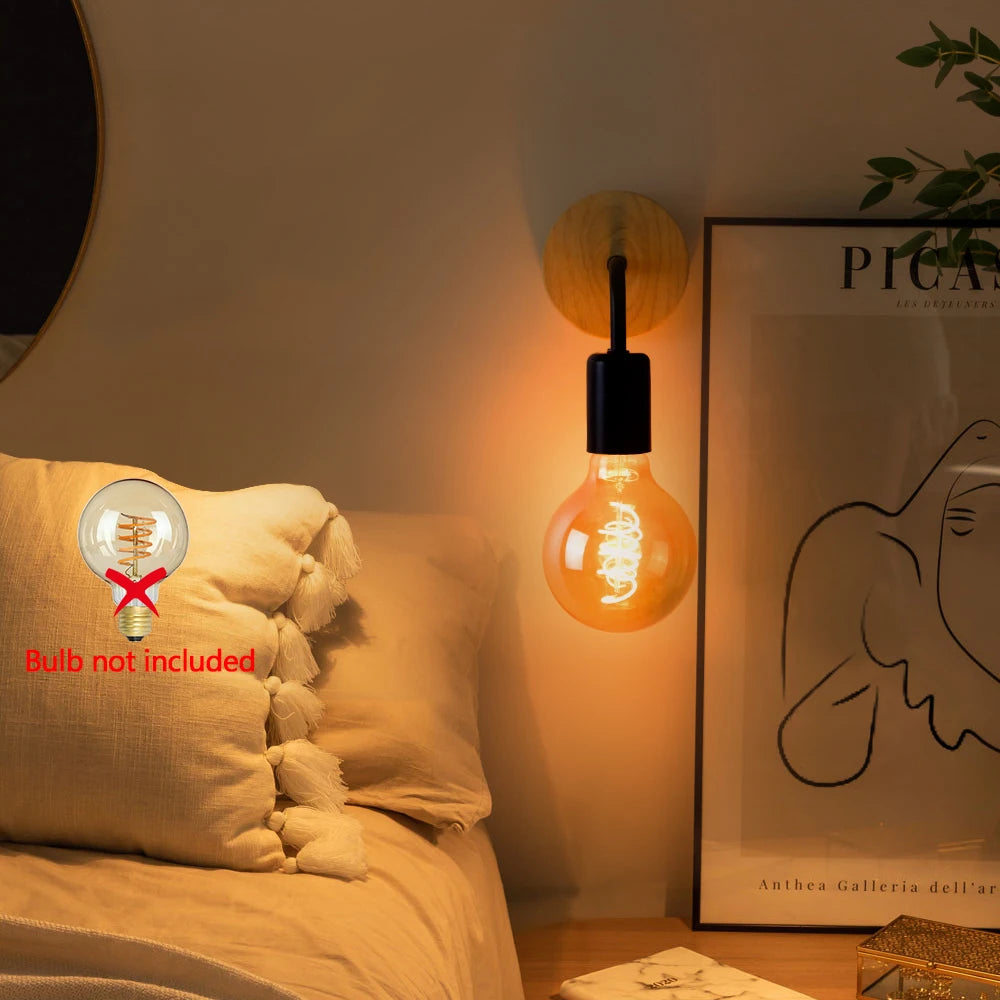 Retro Wood Wall Lamp E27 (Industrial Loft, 85–265 V)