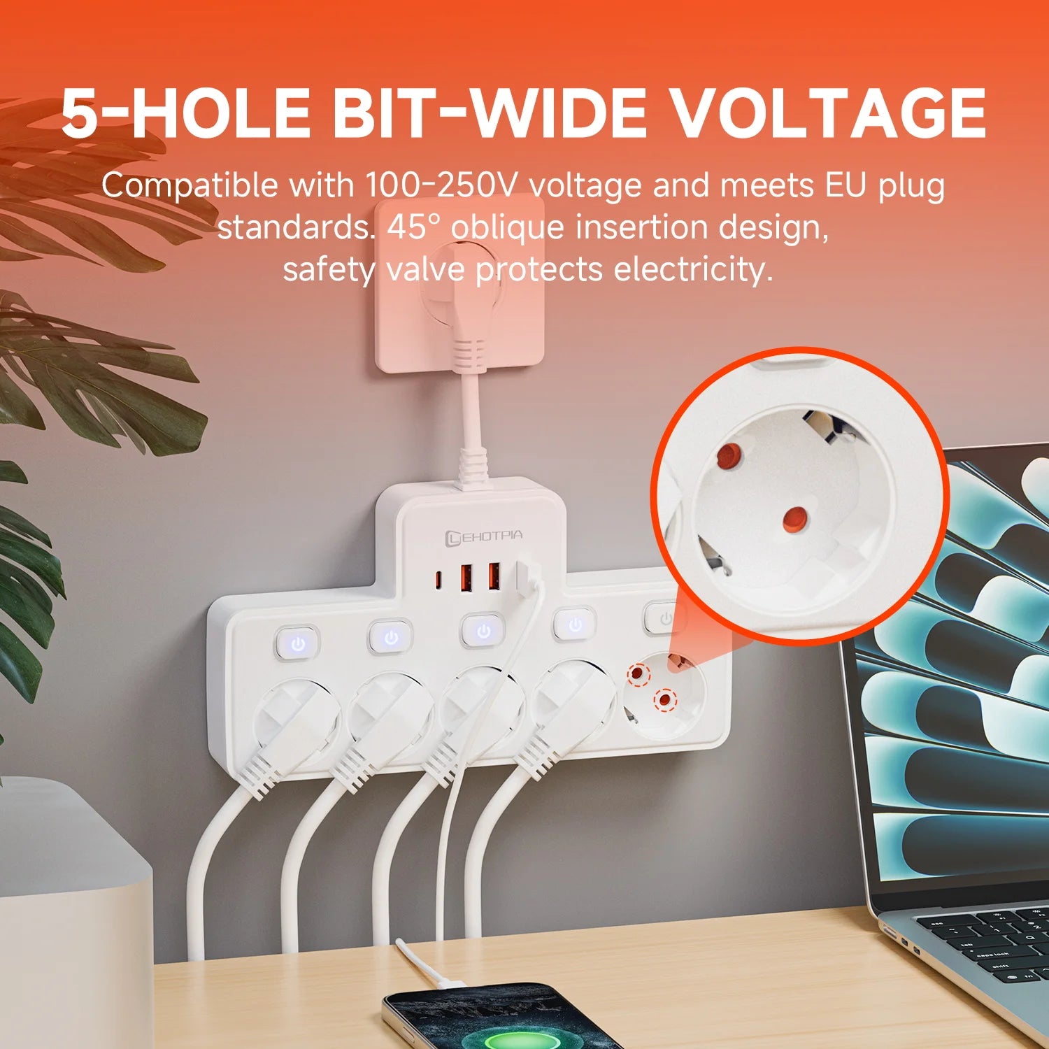 Power strip with multiple outlets and plugs on a desk, with text about voltage compatibility and safety features.