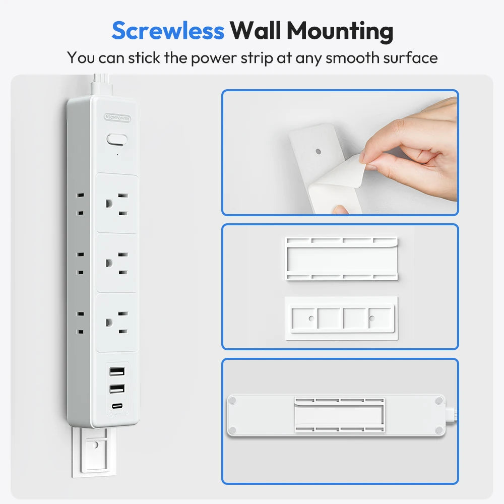 6 AC Outlet Power Strip with 3 USB Ports (1 USB-C) & 25FT Extension Power Cord Surge Protector & Network Filter US Plug