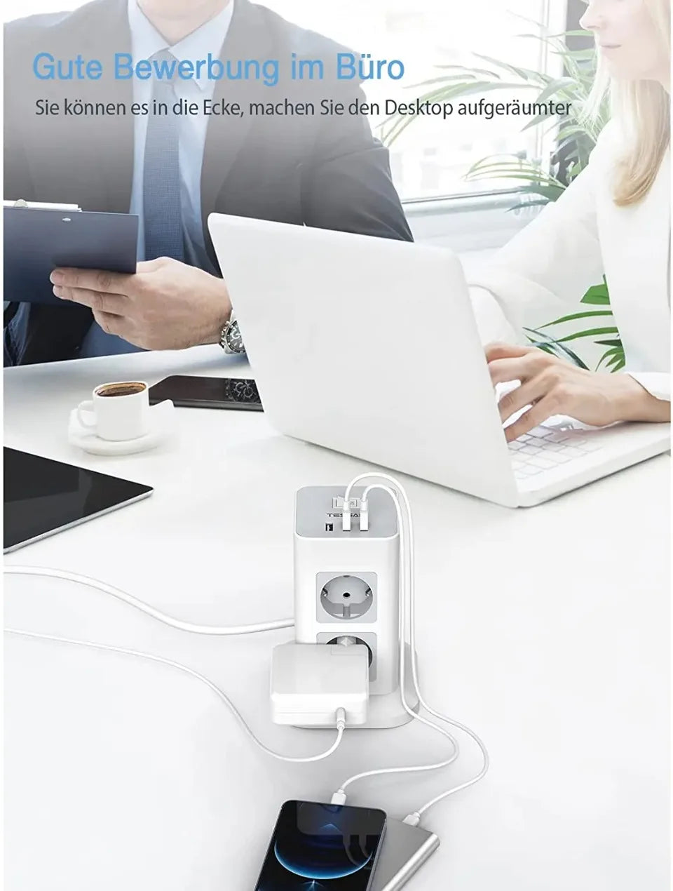 1-TESSAN Tower Power Strip Multi Outlets with USB A +1 Type C 2M Extension Cable EU Plug Vertical Electric Socket Surge Protection